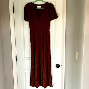 Anthropologie Somerset Brown Silky Maxi Dress with Pockets. Size xs
